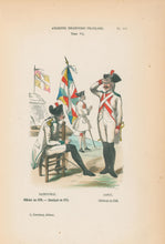 Load image into Gallery viewer, Philippoteaux, Felix Plate 111. "Saintonge. Officier en 1789. - Enseignes en 1715. Conti. Chasseur en 1789"