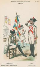 Load image into Gallery viewer, Philippoteaux, Felix Plate 111. "Saintonge. Officier en 1789. - Enseignes en 1715. Conti. Chasseur en 1789"