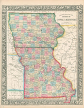 Load image into Gallery viewer, Mitchell, S. Augustus “County Map of the the States of Iowa and Missouri”