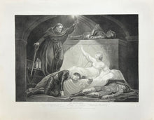 Load image into Gallery viewer, Northcote, James Plate 95. “Romeo and Juliet, Act V, Scene iii. A Monument belonging to the Capulets. Romeo and Paris dead; Juliet and Friar Lawrence&quot;
