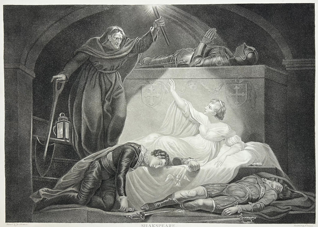 Northcote, James Plate 95. “Romeo and Juliet, Act V, Scene iii. A Monument belonging to the Capulets. Romeo and Paris dead; Juliet and Friar Lawrence