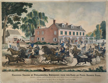 Load image into Gallery viewer, Unattributed “Trotting Cracks of Philadelphia Returning from the Race at Point Breeze Park, having a brush past Turner’s Hotel, Rope Ferry Road, Philadelphia, 1870.”  [Penrose Avenue at Gateway Drive, South Philadelphia]
