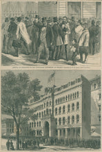 Load image into Gallery viewer, Baird, W.B. “Arrival of Delegates to the Republican Convention at Chicago” / "Exterior of Crosby's Opera-House, Chicago"