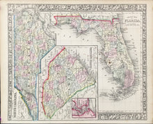 Load image into Gallery viewer, Mitchell, S. Augustus Jr.  "County Map of Florida."/"County Map of North Carolina."/"Map of South Carolina," with inset "Map of Charleston Harbor" with stains
