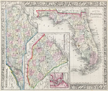 Load image into Gallery viewer, Mitchell, S. Augustus Jr.  "County Map of Florida."/"County Map of North Carolina."/"Map of South Carolina," with inset "Map of Charleston Harbor" with stains