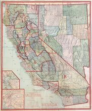 Load image into Gallery viewer, Geographical Publishing Co.  “The Santa Barbara Independent.  1910 Census Premium Map of California and Nevada.  The Big Newspaper of the Coast County.  Every Afternoon Except Sunday&quot;
