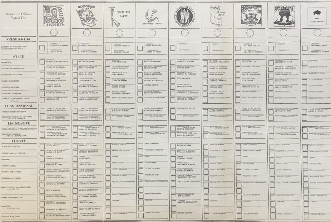 Ballot #953.  “Official Ballot Election, November 3, 1936.  Ann Arbor Township, Washtenaw County”