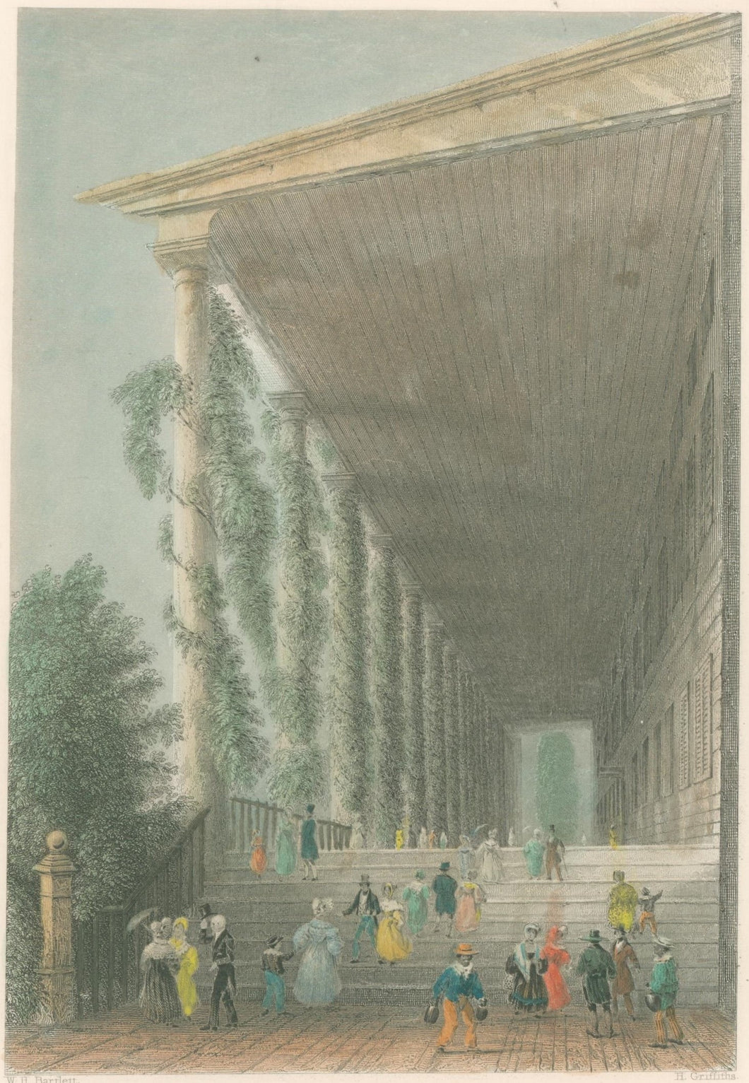 Bartlett, William Henry Bartlett  “Colonnade of Congress Hall (Saratoga Springs)”  [near Adirondack region]