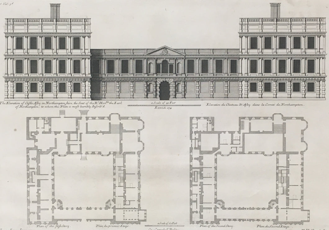 Jones, Inigo “The Elevation of Castle Asby in Northamptonshire, the Seat of Rt. Honble the Earl of Northampton, / Plan of the first Story / Plan of the Second Story