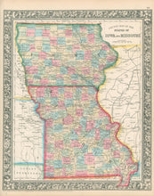 Load image into Gallery viewer, Mitchell, S. Augustus “County Map of the the States of Iowa and Missouri”
