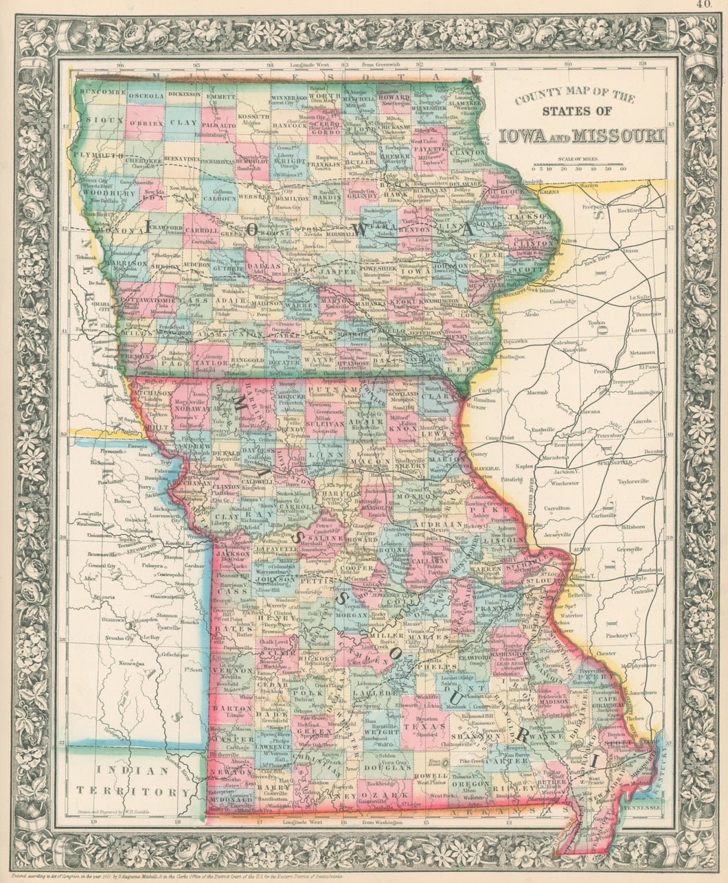 Mitchell, S. Augustus “County Map of the the States of Iowa and Missouri”
