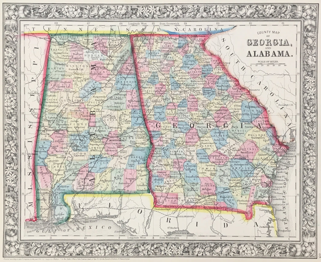 Mitchell, S. Augustus  “County Map of Georgia, and Alabama” 1860