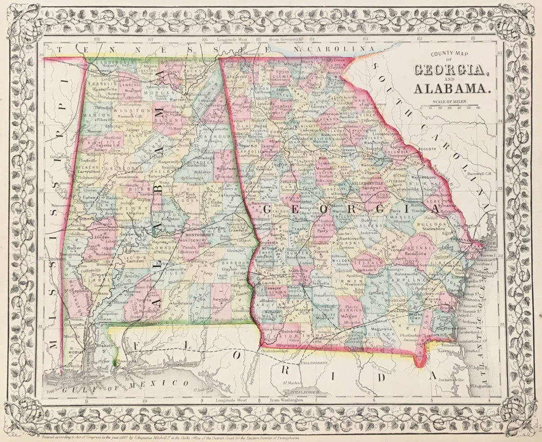 Mitchell, S. Augustus  “County Map of Georgia, and Alabama” 1867+