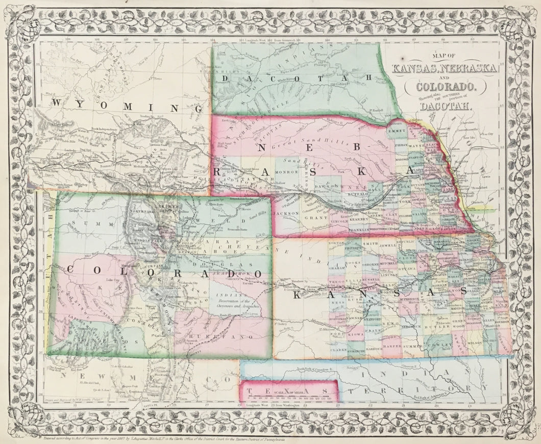 Mitchell, S. Augustus  “Map of Kansas, Nebraska and Colorado Showing also The Southern portion of Dacotah