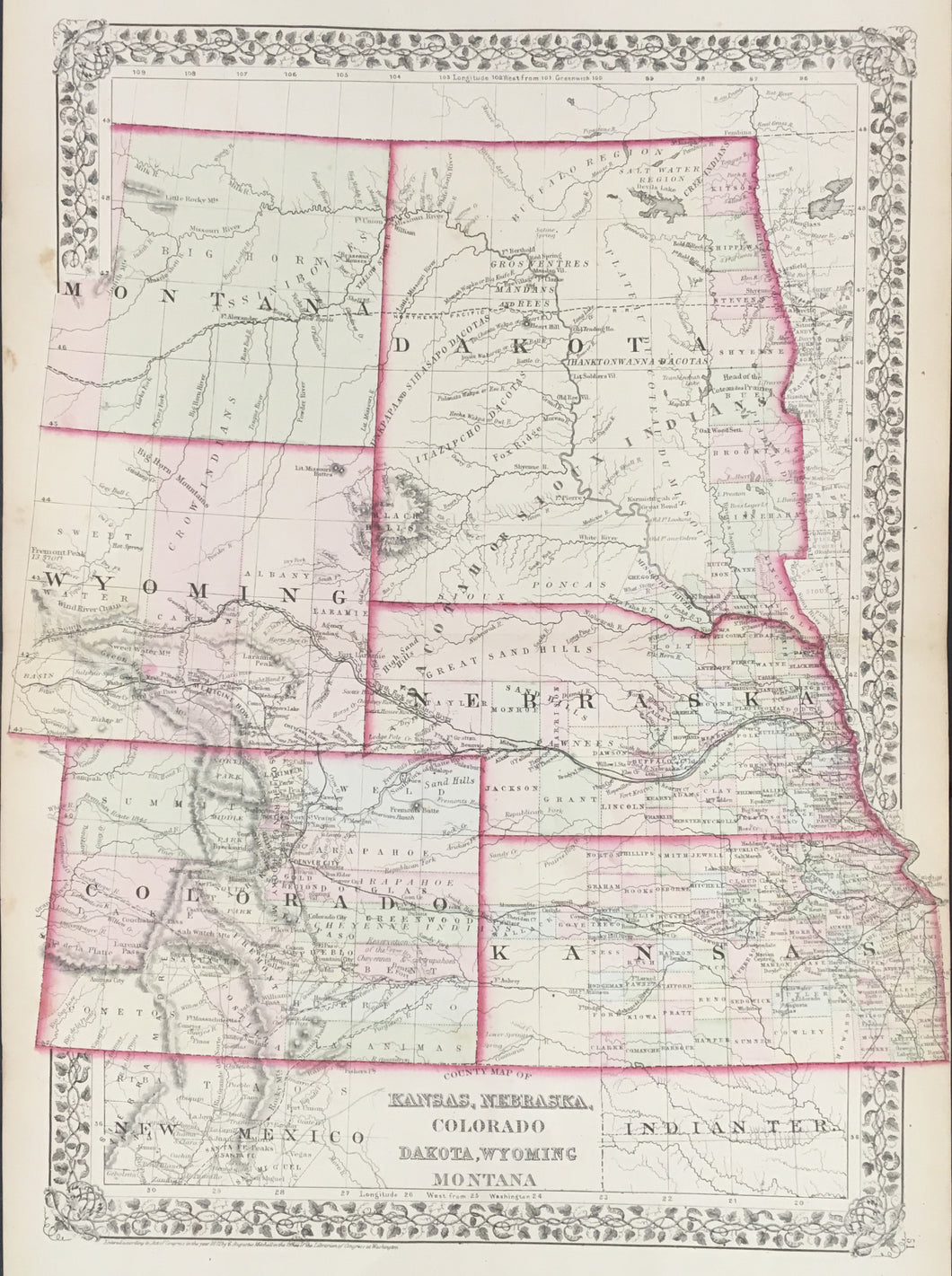 Mitchell, S. Augustus  “County Map of Kansas, Nebraska, Colorado, Dakota, Wyoming, Montana”