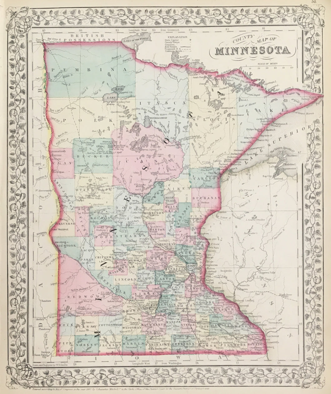 Mitchell, S. Augustus Jr.  “County Map of Minnesota” 1867