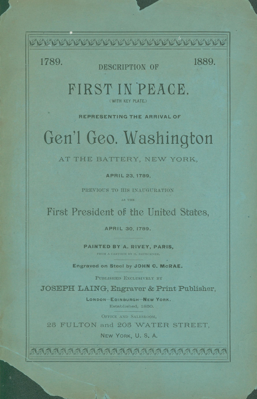 Publisher’s broadside advertising two prints: “First in Peace” & “The Prayer at Valley Forge.”