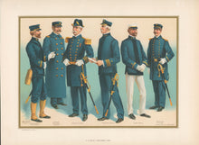 Load image into Gallery viewer, Unattributed “Uniforms–1899.” [Lieutenant-Service (Shore Duty); Lieutenant Commander Overcoat; Captain-Full Dress; Commander-Service; Ensign-Service; Naval Cadet Full Dress.”]
