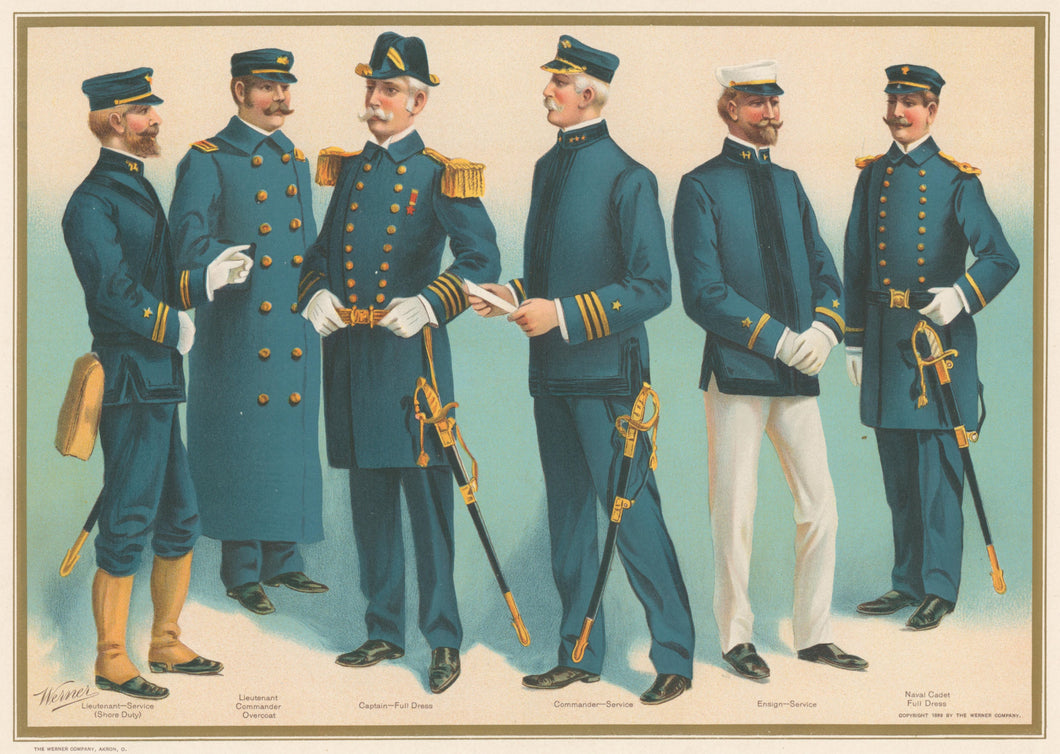 Unattributed “Uniforms–1899.” [Lieutenant-Service (Shore Duty); Lieutenant Commander Overcoat; Captain-Full Dress; Commander-Service; Ensign-Service; Naval Cadet Full Dress.”]