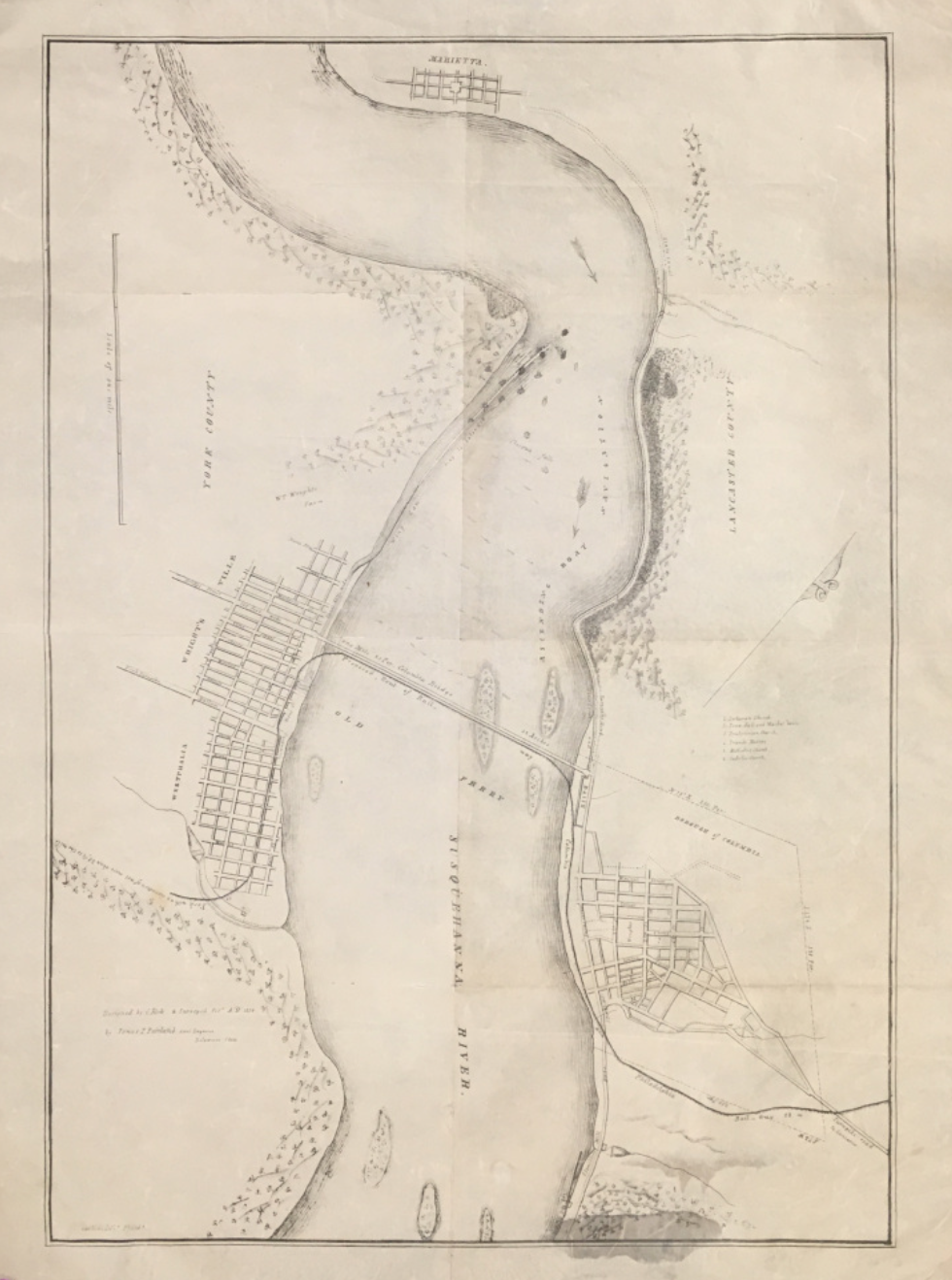 Kirk, Caleb  [Columbia Wrightsville Bridge & River showing Proposed Route of Railway] Columbia, PA. “Surveyed October A.D. 1830,...”
