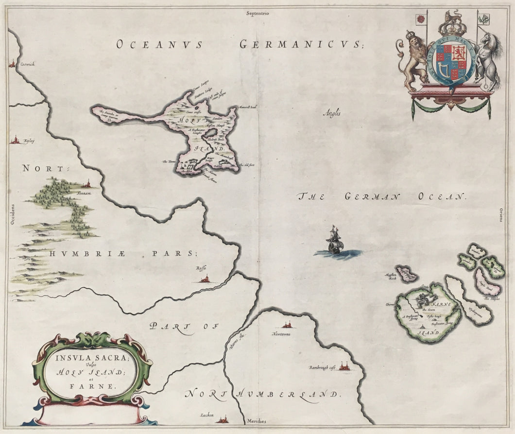 Blaeu, Joan “Insula Sacra; Vulgo Holy Iland [sic]; et Farne.”  [Lindisfarne and the Farne Islands, Northumberland]
