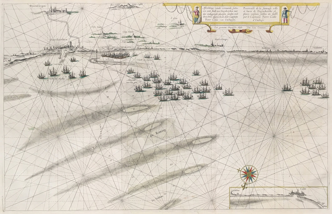 Blaeu, Willem “Afbeeldinge vande vermaerde seehaven…Duynkereken…”  [Flanders coast Dunkirk to Waldamme, inset to Calais, France]