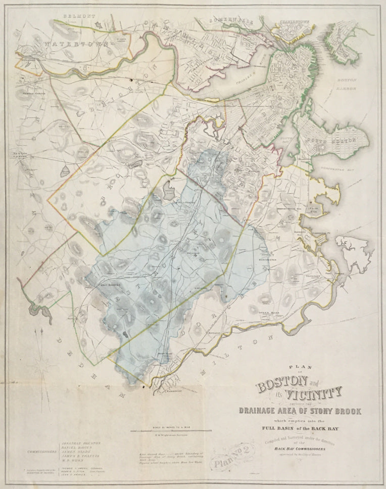Wightman, H.M.  “Plan of Boston and its vicinity showing the drainage area of Stony Brook, which empties into the full basin of the Back Bay.”
