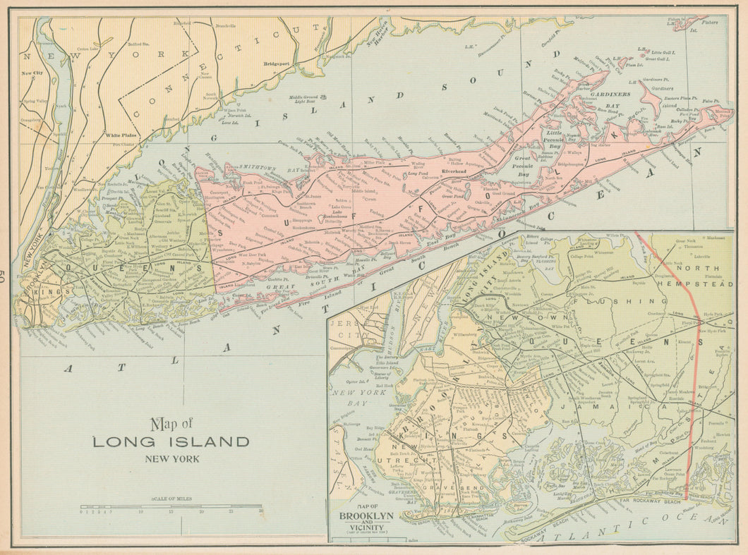 Cram, George  “Map of Long Island, New York.”  [with inset map of Brooklyn]