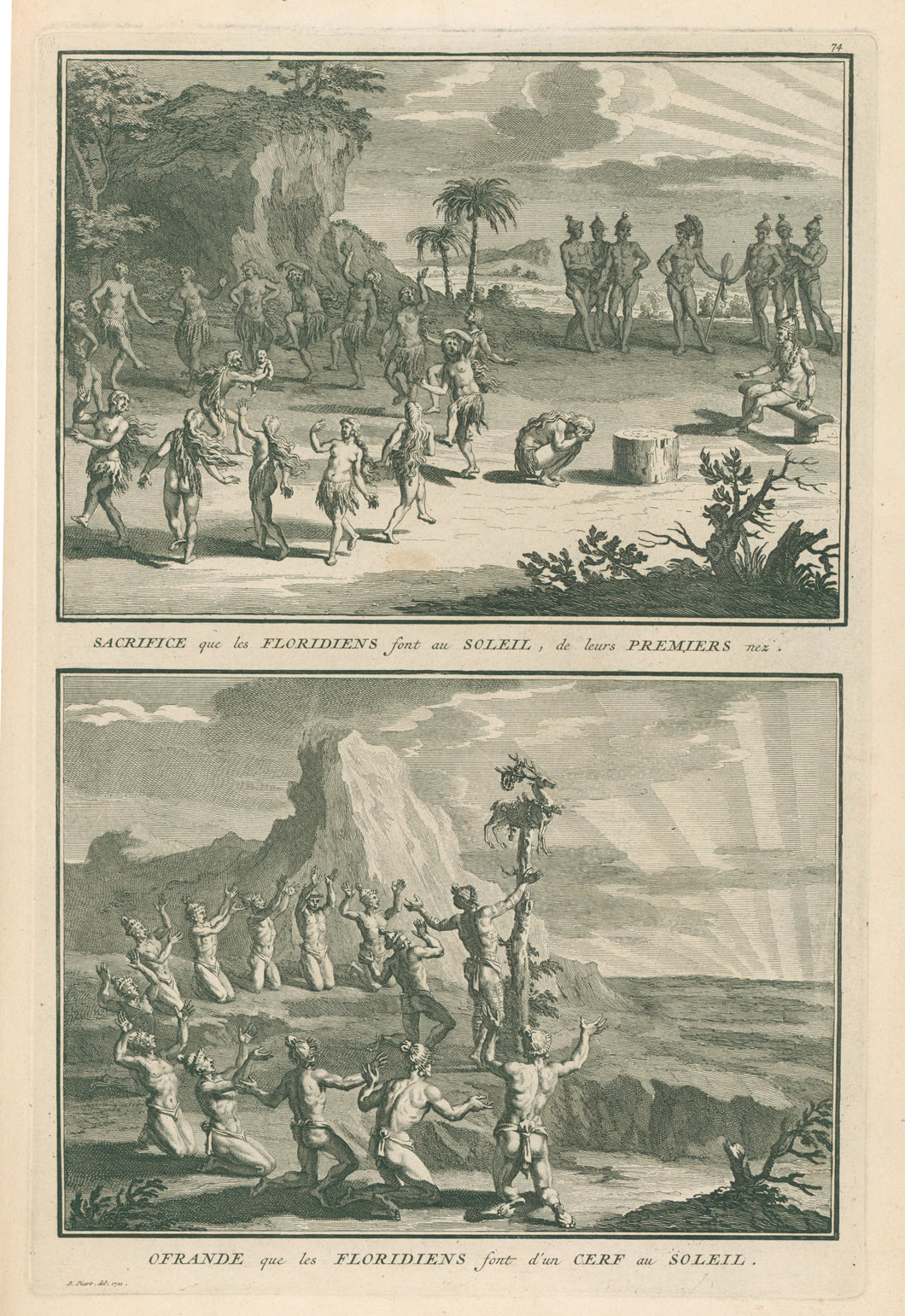 Picart, Bernard [The Sacrifice of First-Born Children] & [Offering the Skin of a Stag to the Sun]  Plate 74