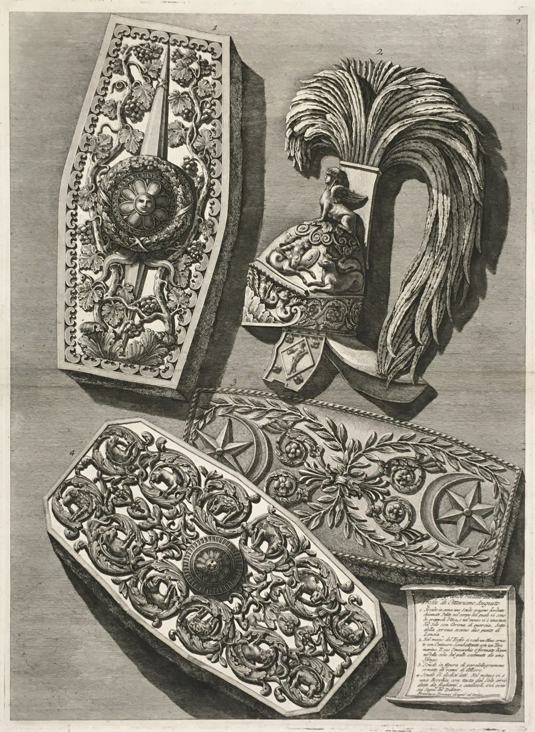 Piranesi, Giovanni B.   [Restored detail of the Trophy of Octavian Augustus - three shields and helmet].  [From  Trofei di Ottaviano Augusto.