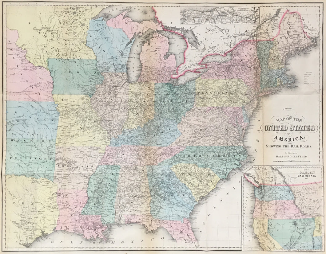 McLellan, D.  “Map of the United States of America, showing the Railroads, with insets 'Oregon and California' and 'Railroad and Canal Map of Albany to Buffalo'
