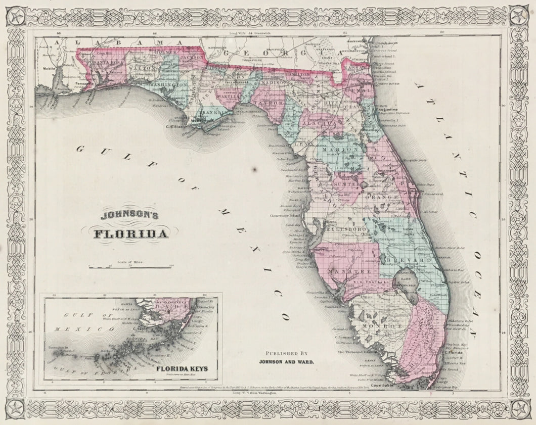 Johnson, A.J.  “Johnson’s Florida.” with inset “Florida Keys