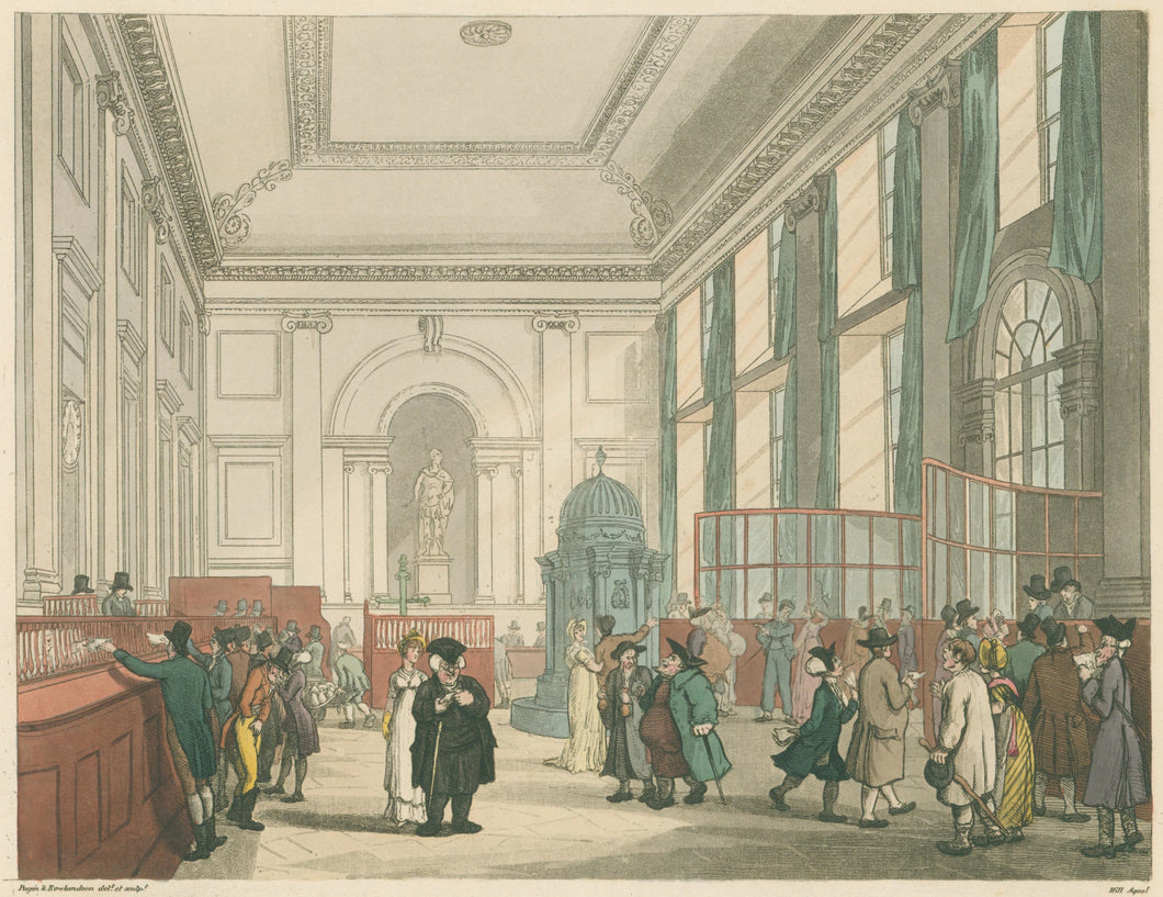 Rowlandson, Thomas & Pugin, Augustus Charles “The Great Hall, Bank of England.”  From 