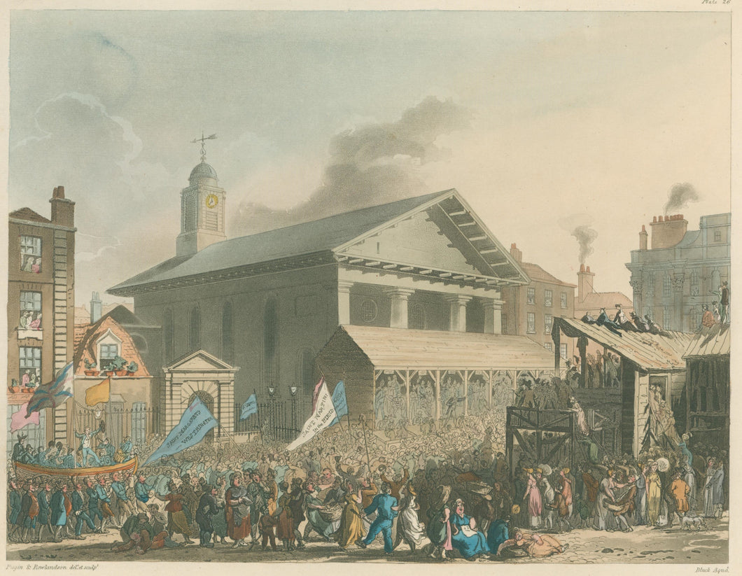 Rowlandson, Thomas & Pugin, Augustus Charles “Covent Garden Market, Westminster Election.”  From 