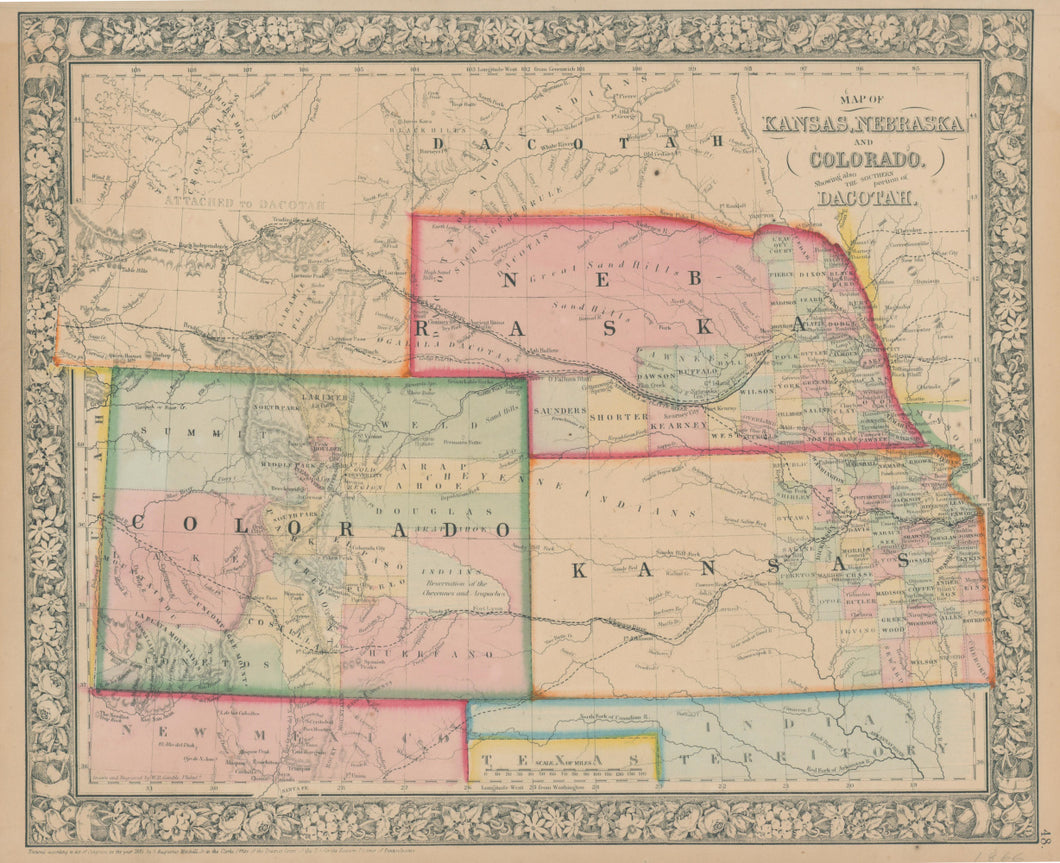 Mitchell, S. Augustus Jr.  “Map of Kansas, Nebraska and Colorado Showing also The Southern portion of Dacotah”