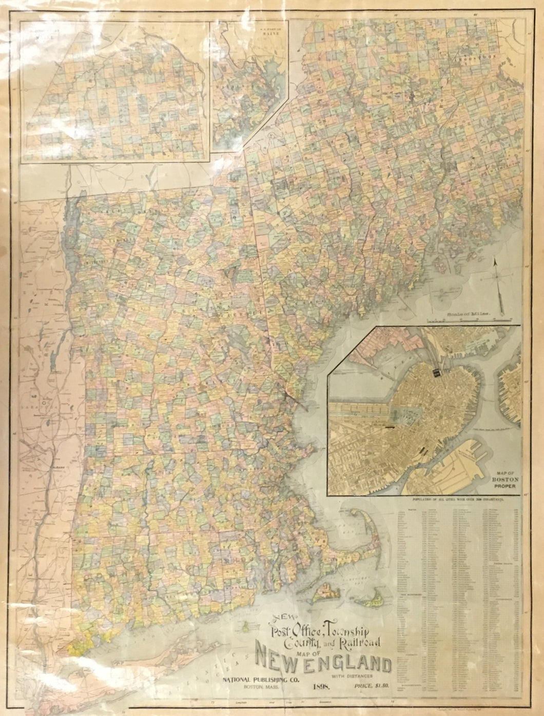 National Publishing Co.  “New Post Office, Township, County and Railroad Map of New England with Distances