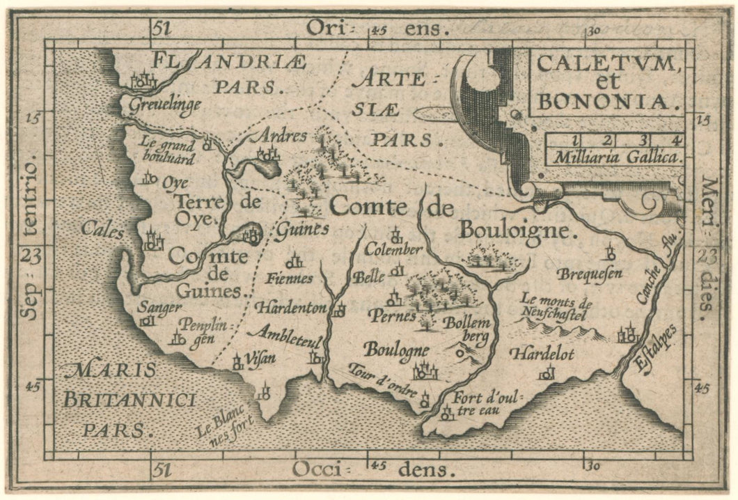 Ortelius, Abraham “Caletum et Bononia.”  [Calais & Boulogne, France]