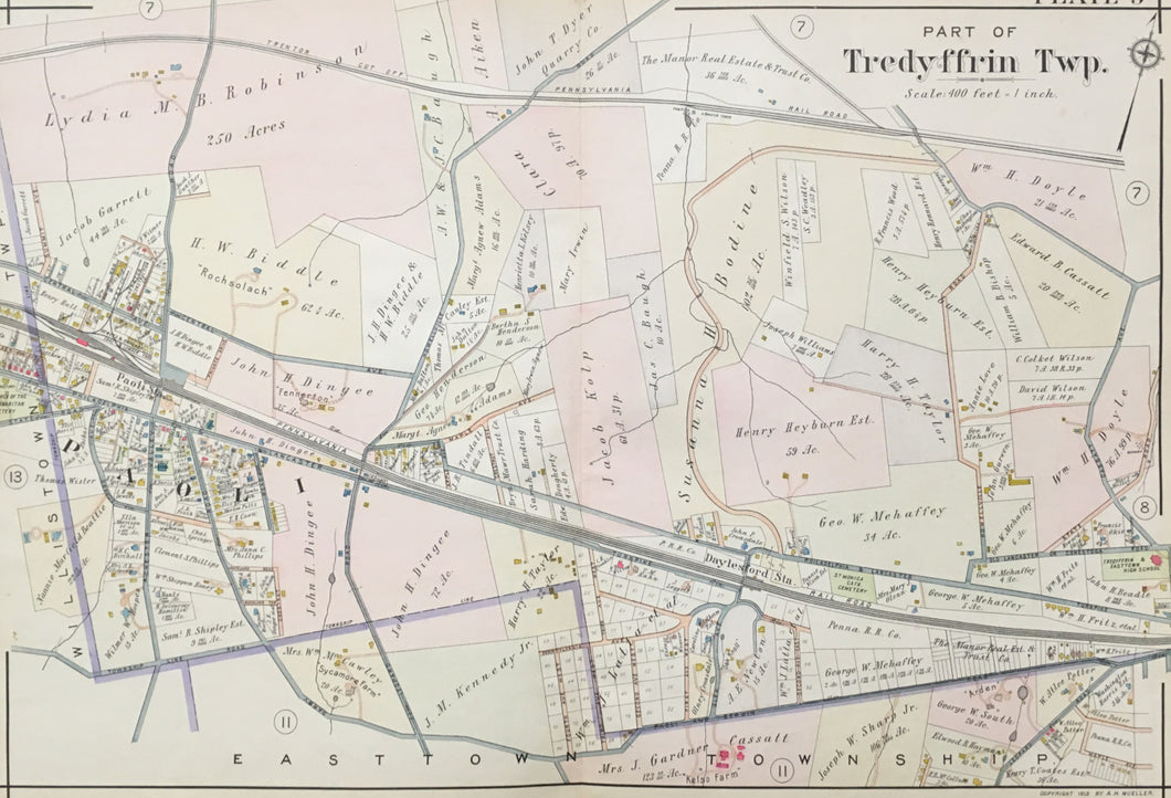 Mueller, A.H.  Plate 9.  “Part of Tredyffrin Township.”  [Paoli and Daylesford]
