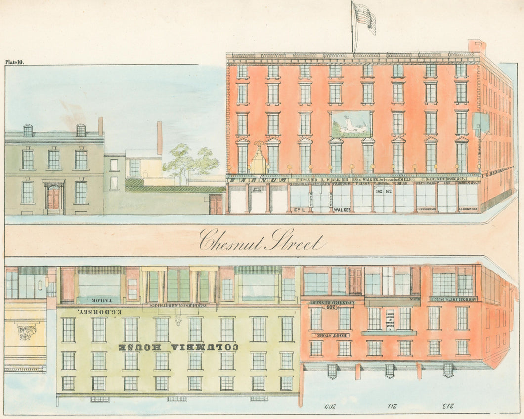 Rae, Julio H. Plate 10.  [South side of Chestnut Street, at top, from the middle of the 600 block to the corner of Seventh Street] color