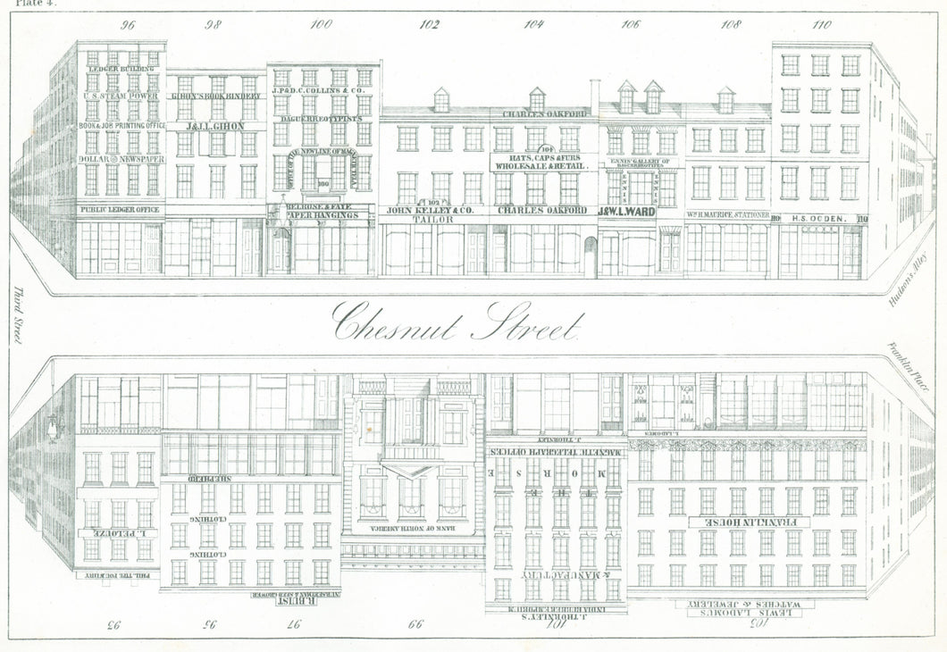 Rae, Julio H. Plate 4.  [South side of Chestnut Street, at top, from the corner of Third Street to Hudson’s Alley and Franklin Place]