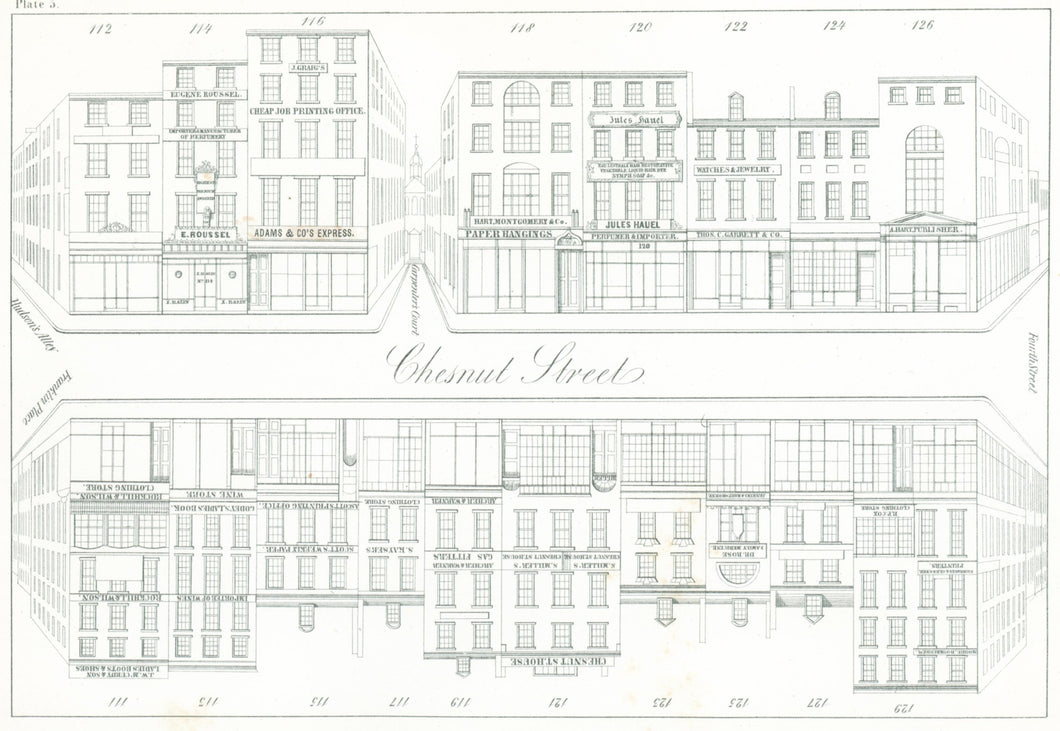 Rae, Julio H. Plate 5.  [South side of Chestnut Street, at top, from the corner Hudsons Alley & Franklin Place to corner of Fourth Street]