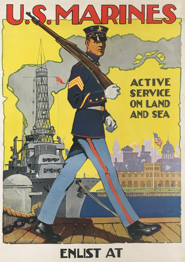 Riesenberg, Sidney  “U.S. Marines.  Active Service on Land and Sea.  Enlist At….”  [Earlier version with battleship cage mast]