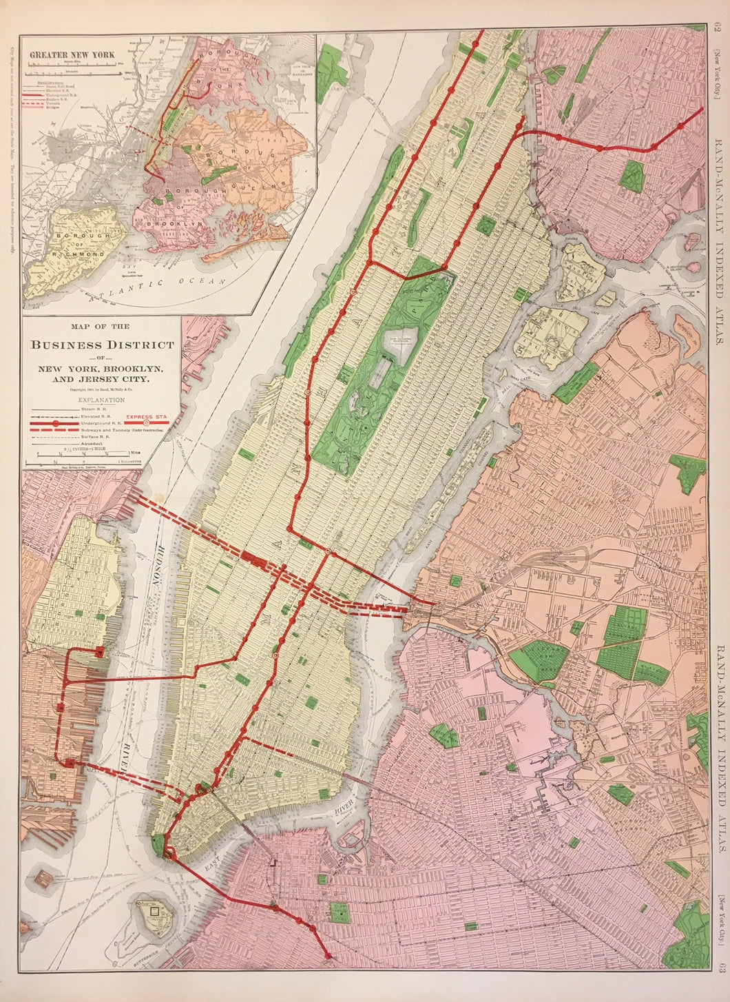 Rand McNally.  “Business District of New York/Brooklyn and Jersey City.”  [Shows elevated railways and subways]