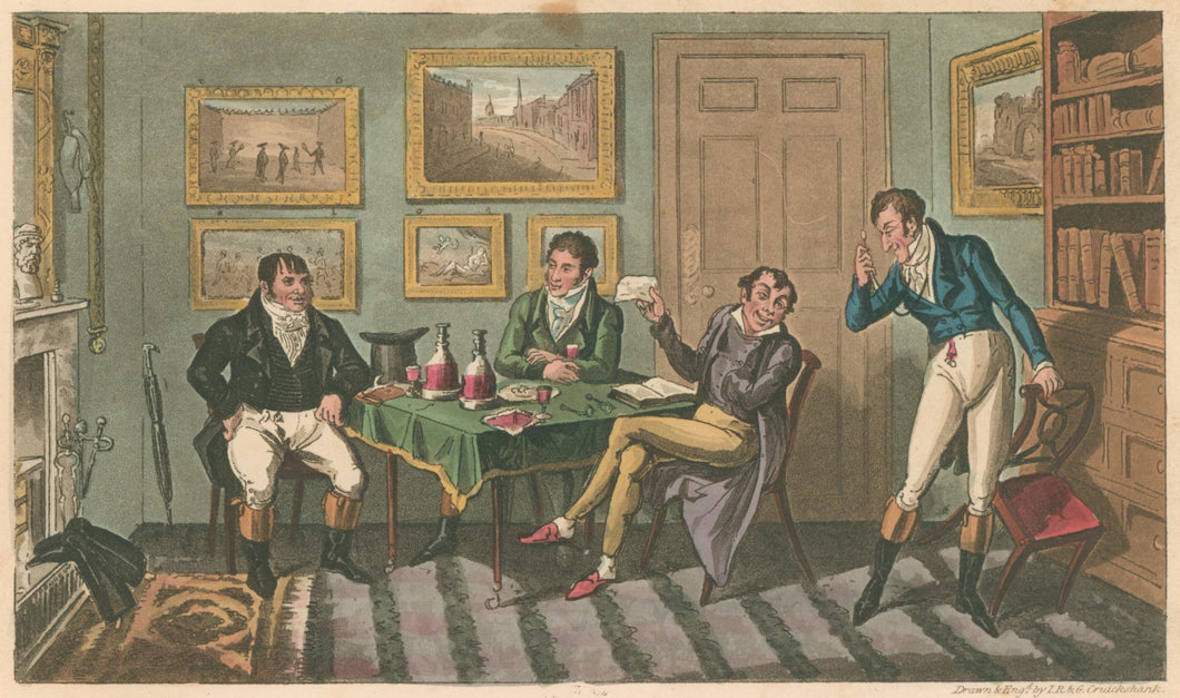 Cruikshank, Isaac, Robert & George.  “Tom and Jerry taking the hint at Logic's being blown up at 'Point Nonplus;' or, long 'wanted' by John Doe and Richard Roe and must 'come.'”